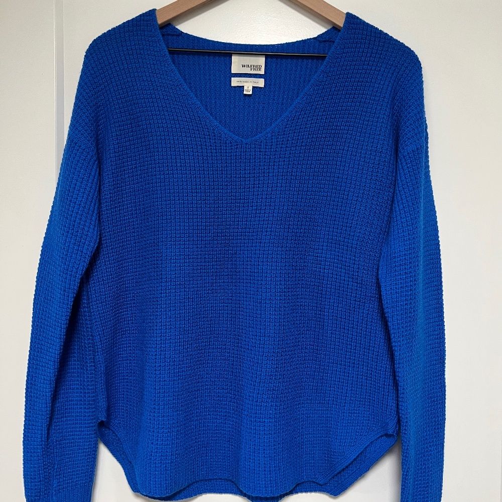 Wilfred Freed Wolter Waffle Knit Wool V-Neck Sweater - Cobalt Blue - Size S